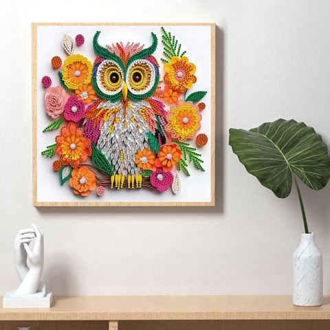 Tranh đính đá con cú sắc màu – Họa tiết hoa nổi 3D rực rỡ, kích thước 30x30cm