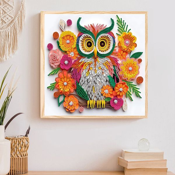 Tranh đính đá con cú sắc màu – Họa tiết hoa nổi 3D rực rỡ, kích thước 30x30cm