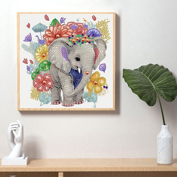 Tranh đính đá 5D hình voi con và hoa sắc màu – Kích thước 30x30cm, nguyên liệu cao cấp