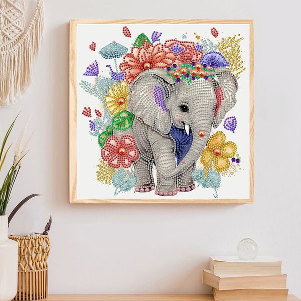 Tranh đính đá 5D hình voi con và hoa sắc màu – Kích thước 30x30cm, nguyên liệu cao cấp