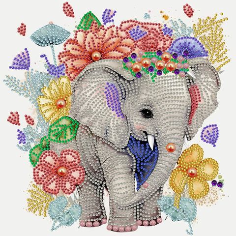 Tranh đính đá 5D hình voi con và hoa sắc màu – Kích thước 30x30cm, nguyên liệu cao cấp