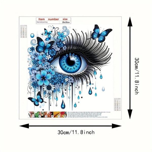 Tranh đính đá nghệ thuật hình đôi mắt xanh – Thiết kế 3D sống động, kèm bướm và hoa xanh, kích thước 30x30cm