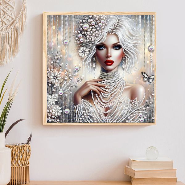 Tranh đính đá nghệ thuật – Chân dung quý cô ngọc trai sang trọng, phong cách cổ điển