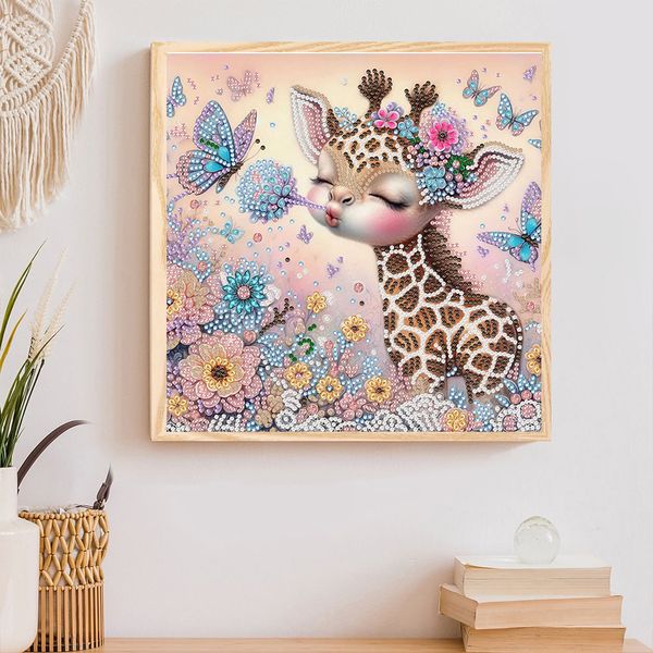 Tranh đính đá 5D hươu con và bươm bướm hoa pastel 30x30cm – Tranh treo tường dễ thương, quà tặng trang trí