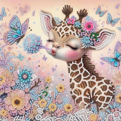Tranh đính đá 5D hươu con và bươm bướm hoa pastel 30x30cm – Tranh treo tường dễ thương, quà tặng trang trí