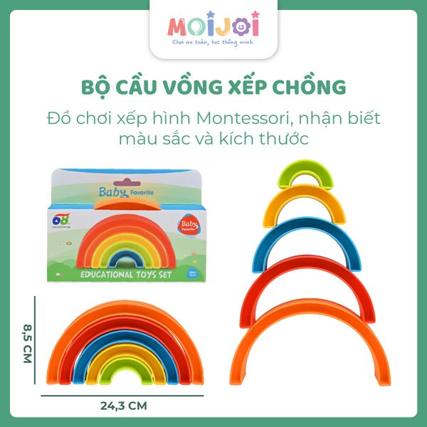 Bộ vòng cầu vồng xếp chồng cho bé – Đồ chơi xếp hình Montessori, nhận biết màu sắc và kích thước
