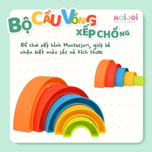 Bộ vòng cầu vồng xếp chồng cho bé – Đồ chơi xếp hình Montessori, nhận biết màu sắc và kích thước