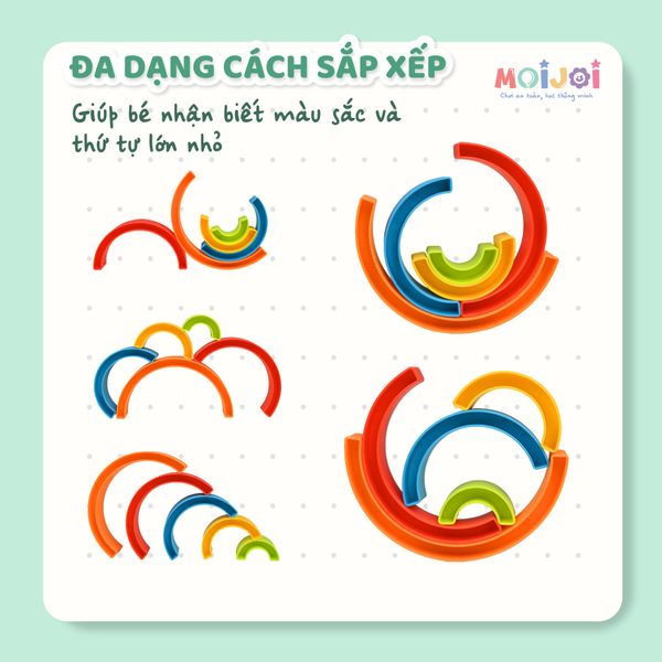 Bộ vòng cầu vồng xếp chồng cho bé – Đồ chơi xếp hình Montessori, nhận biết màu sắc và kích thước