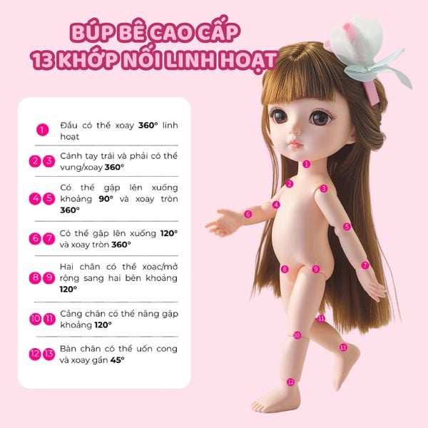 Búp Bê 13 cm Công Chúa Moijoi 13 Khớp Cầu Linh Hoạt - Mắt Acrylic Nàng Thơ, Tóc Dày Mượt, Nhựa Vinyl Cao Cấp An Toàn Cho Bé