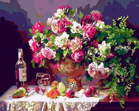 Bộ tranh canvas bình hoa cổ điển 03  – Tranh tô màu theo số, Không khung, kèm màu, cọ, giấy phác thảo, hình mẫu