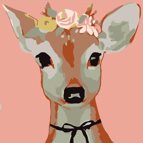 Bộ tranh canvas hươu đeo nơ đội hoa dễ thương – Tranh tô màu theo số 20x20 (có khung), gồm màu, cọ, giấy phác thảo, hình mẫu, đóng hộp giấy.