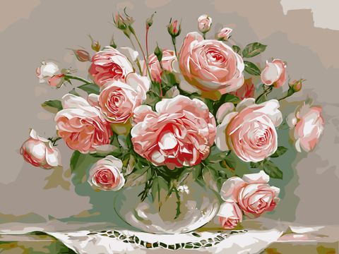 Bộ tranh canvas bình hoa hồng 02  – Tranh tô màu theo số, Không khung, kèm màu, cọ, giấy phác thảo, hình mẫu