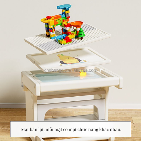 Bộ bàn ghế xếp thông minh T2 – Thiết kế gấp gọn, màu trắng xám Đa năng: lắp ghép, vẽ, cất đồ, chơi