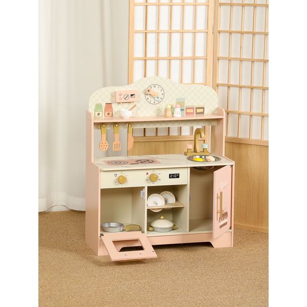 Bộ đồ chơi nhà bếp bằng gỗ màu hồng – Mô hình bếp nấu ăn cỡ lớn, kèm phụ kiện, giúp bé tập làm đầu bếp