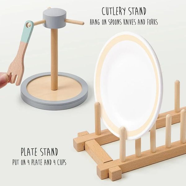 Bộ đồ chơi chén dĩa và dụng cụ nhà bếp bằng gỗ – Mô phỏng sinh động, an toàn cho bé