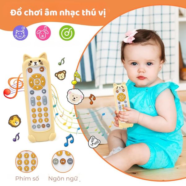 Điều khiển Mèo phát nhạc, đồ chơi gặm nướu Silicone cho bé 6 tháng có đèn, học số