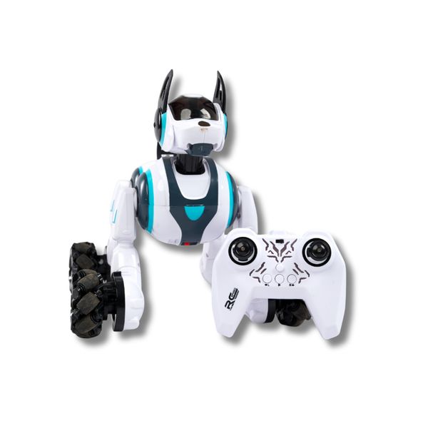 Đồ chơi chó robot RC Stunt – điều khiển tay cầm + tay đeo, xoay/nhào lộn 360°, sạc USB, quà cho bé