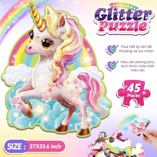Trò chơi ghép hình lấp lánh hình kỳ lân – Glitter Puzzle Unicorn, 45 mảnh, kích thước lớn