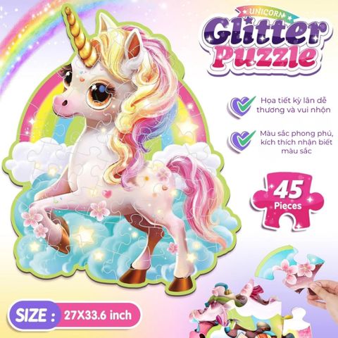 Trò chơi ghép hình lấp lánh hình kỳ lân – Glitter Puzzle Unicorn, 45 mảnh, kích thước lớn