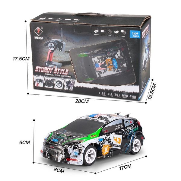 Xe drift rally 4WD 1/28 điều khiển từ xa – Tốc độ 30Km/h, hợp kim, giảm xóc 4 bánh, pin 7.4V 400mAh