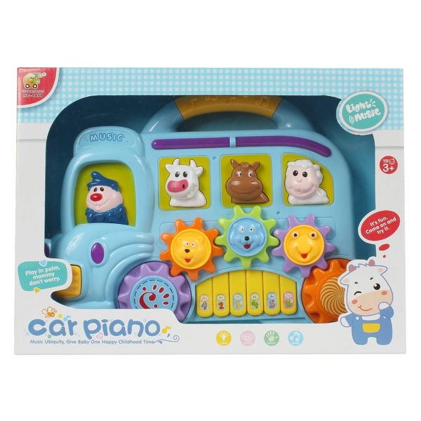 Đồ chơi đàn piano hình xe buýt – Đèn, nhạc, bánh răng xoay, nhận biết con vật cho bé