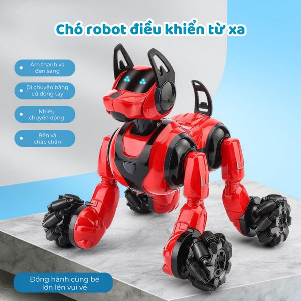 Đồ chơi chó robot RC Stunt – điều khiển tay cầm + tay đeo, xoay/nhào lộn 360°, sạc USB, quà cho bé