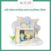 Mô hình DIY Book Nook phòng ngủ giường tầng cho bé - Tông xanh pastel, kèm cầu trượt và bàn học