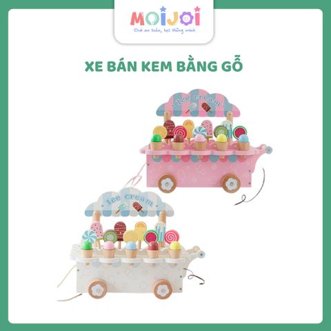 Xe bán kem bằng gỗ – Đồ chơi bán hàng cho bé, nhiều loại kem và phụ kiện đi kèm