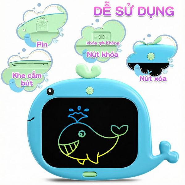 Bảng vẽ tự xóa LCD hình cá voi 10 inch – Vẽ, viết, xóa tiện lợi cho bé Moijoi store