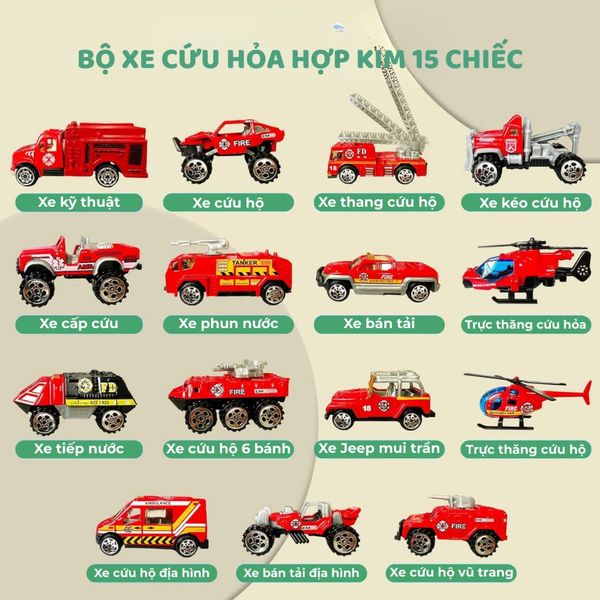 Bộ xe cứu hỏa hợp kim 15 chiếc – mô hình xe cứu hỏa tỉ lệ 1:64
