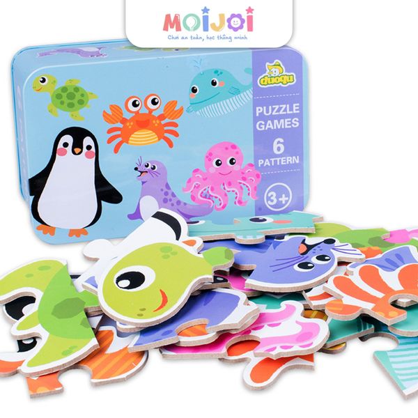 Bộ ghép hình thú, xe cho bé dạng hộp thiếc - 6 mẫu mỗi hộp (từ 3 tuổi)