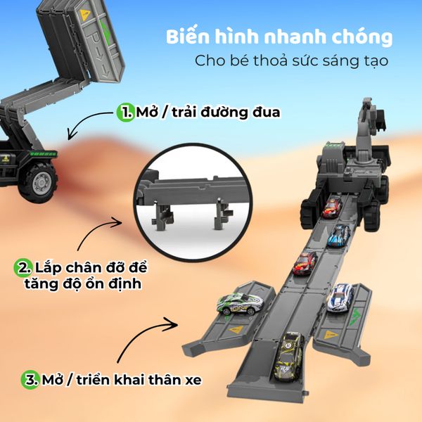 Bộ đồ chơi xe công trình kết hợp đường đua 2in1 – biến hình thành xe tải chở xe