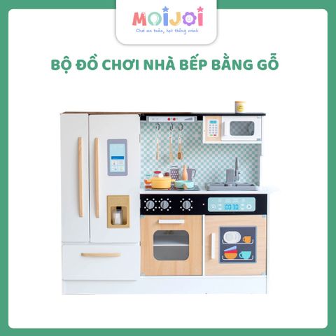 Bộ đồ chơi nhà bếp bằng gỗ hiện đại – Mô hình bếp nấu ăn kèm tủ lạnh và lò vi sóng, đầy đủ phụ kiện cho bé