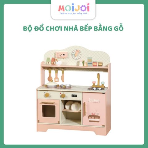 Bộ đồ chơi nhà bếp bằng gỗ màu hồng – Mô hình bếp nấu ăn cỡ lớn, kèm phụ kiện, giúp bé tập làm đầu bếp
