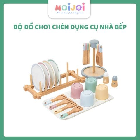 Bộ đồ chơi chén dĩa và dụng cụ nhà bếp bằng gỗ – Mô phỏng sinh động, an toàn cho bé