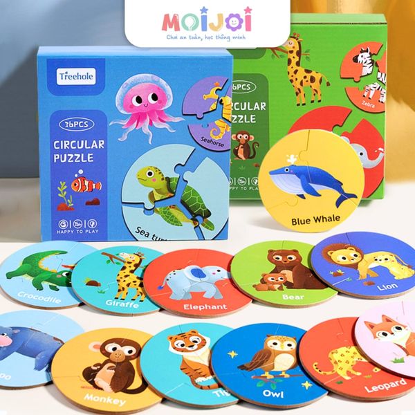 Đồ chơi gỗ Montessori cho bé 3 tuổi. Bộ lắp ghép hình tròn chủ đề động vật giáo dục sớm