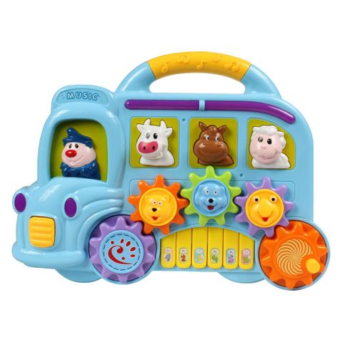 Đồ chơi đàn piano hình xe buýt – Đèn, nhạc, bánh răng xoay, nhận biết con vật cho bé