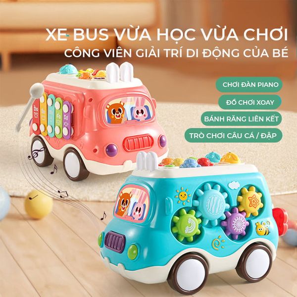 Xe buýt bận rộn 6 trong 1 Montessori Baby Toys – có đàn piano, rút dây, xếp hình, gõ búa