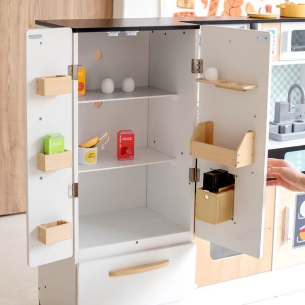 Bộ đồ chơi nhà bếp bằng gỗ hiện đại – Mô hình bếp nấu ăn kèm tủ lạnh và lò vi sóng, đầy đủ phụ kiện cho bé