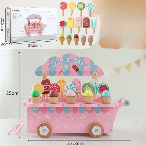 Xe bán kem bằng gỗ – Đồ chơi bán hàng cho bé, nhiều loại kem và phụ kiện đi kèm