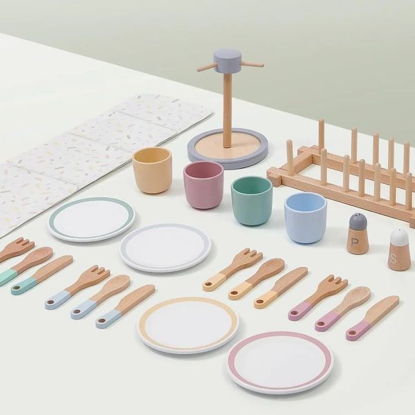 Bộ đồ chơi chén dĩa và dụng cụ nhà bếp bằng gỗ – Mô phỏng sinh động, an toàn cho bé