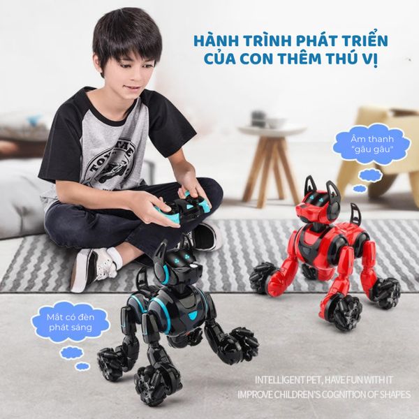 Đồ chơi chó robot RC Stunt – điều khiển tay cầm + tay đeo, xoay/nhào lộn 360°, sạc USB, quà cho bé