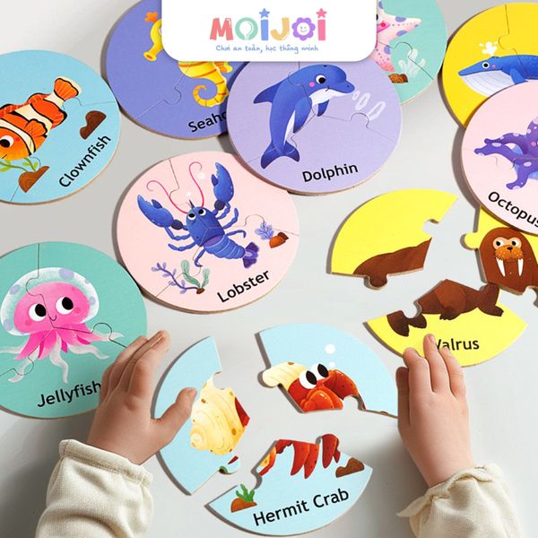 Đồ chơi gỗ Montessori cho bé 3 tuổi. Bộ lắp ghép hình tròn chủ đề động vật giáo dục sớm