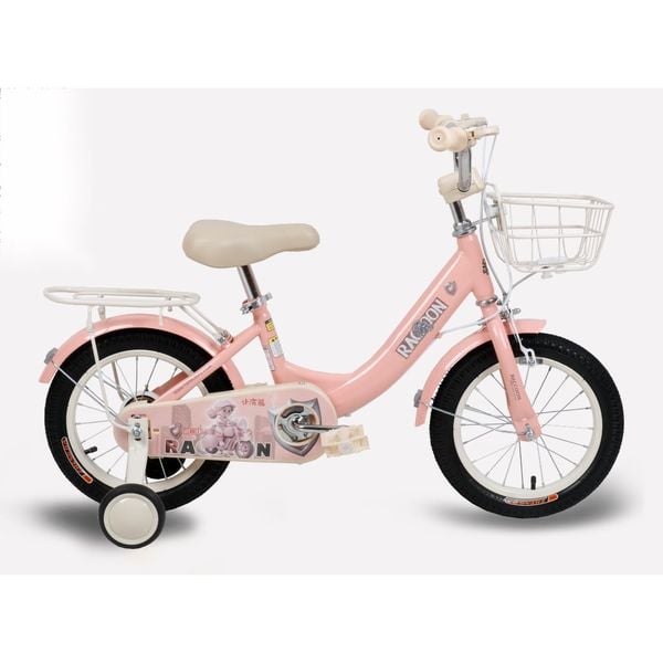 Mojoi Xe đạp trẻ em 14 inch màu hồng khung thép sơn tĩnh điện bánh cao su đặc phanh trước/sau giỏ xe trước baga sau cho bé gái 3-8 tuổi