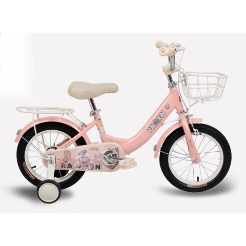 Mojoi Xe đạp trẻ em 14 inch màu hồng khung thép sơn tĩnh điện bánh cao su đặc phanh trước/sau giỏ xe trước baga sau cho bé gái 3-8 tuổi