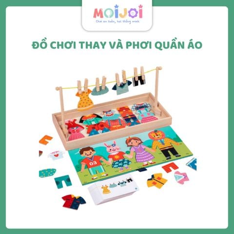 Bộ đồ chơi ghép hình thay quần áo gia đình – Hộp gỗ kèm giá phơi đồ, giúp bé phát triển tư duy và kỹ năng sáng tạo
