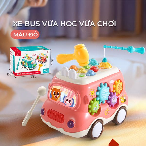 Xe buýt bận rộn 6 trong 1 Montessori Baby Toys – có đàn piano, rút dây, xếp hình, gõ búa