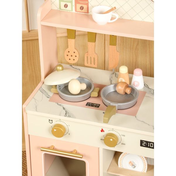 Bộ đồ chơi nhà bếp bằng gỗ màu hồng – Mô hình bếp nấu ăn cỡ lớn, kèm phụ kiện, giúp bé tập làm đầu bếp