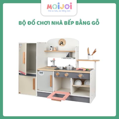 Bộ đồ chơi nhà bếp bằng gỗ kèm tủ lạnh – Mô hình bếp nấu ăn cỡ lớn, đầy đủ phụ kiện cho bé