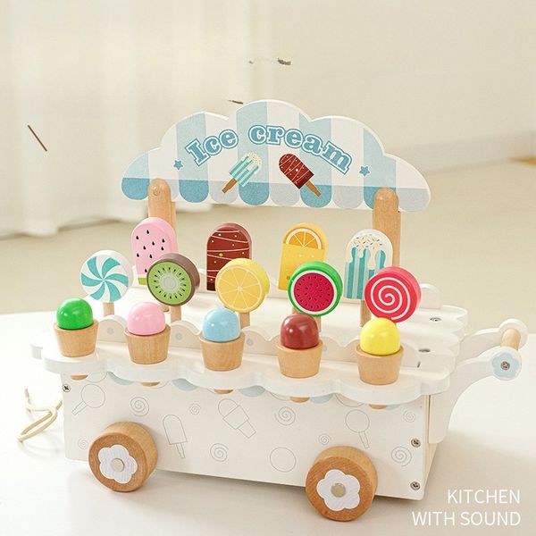 Xe bán kem bằng gỗ – Đồ chơi bán hàng cho bé, nhiều loại kem và phụ kiện đi kèm